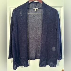 EILEEN FISHER Medium Navy Linen Nylon Open Front Cardigan Perforated Minimalist